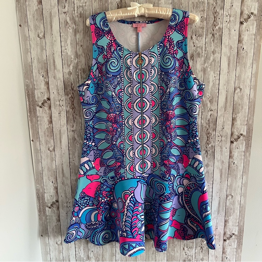 HTF Lilly Pulitzer Melia Vibrant Sea Jewels Patterned Stretchy Luxletic Dress XL